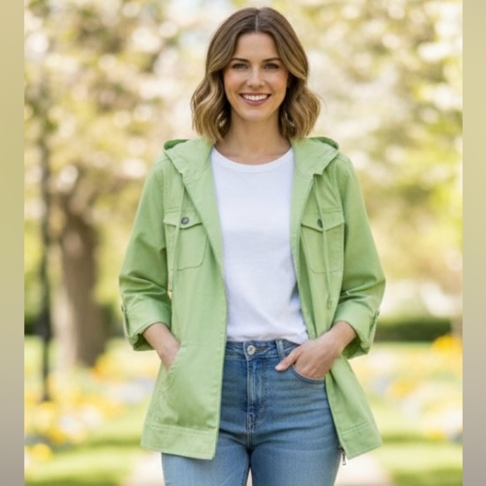 Christopher & Banks lime green waist length hooded jacket,front zipper/buttons,L